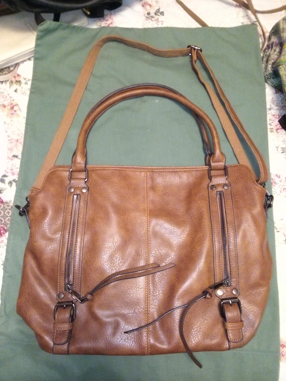 Source Unknown Tan Brown Faux Leather Shoulder Bag with Dual Zips